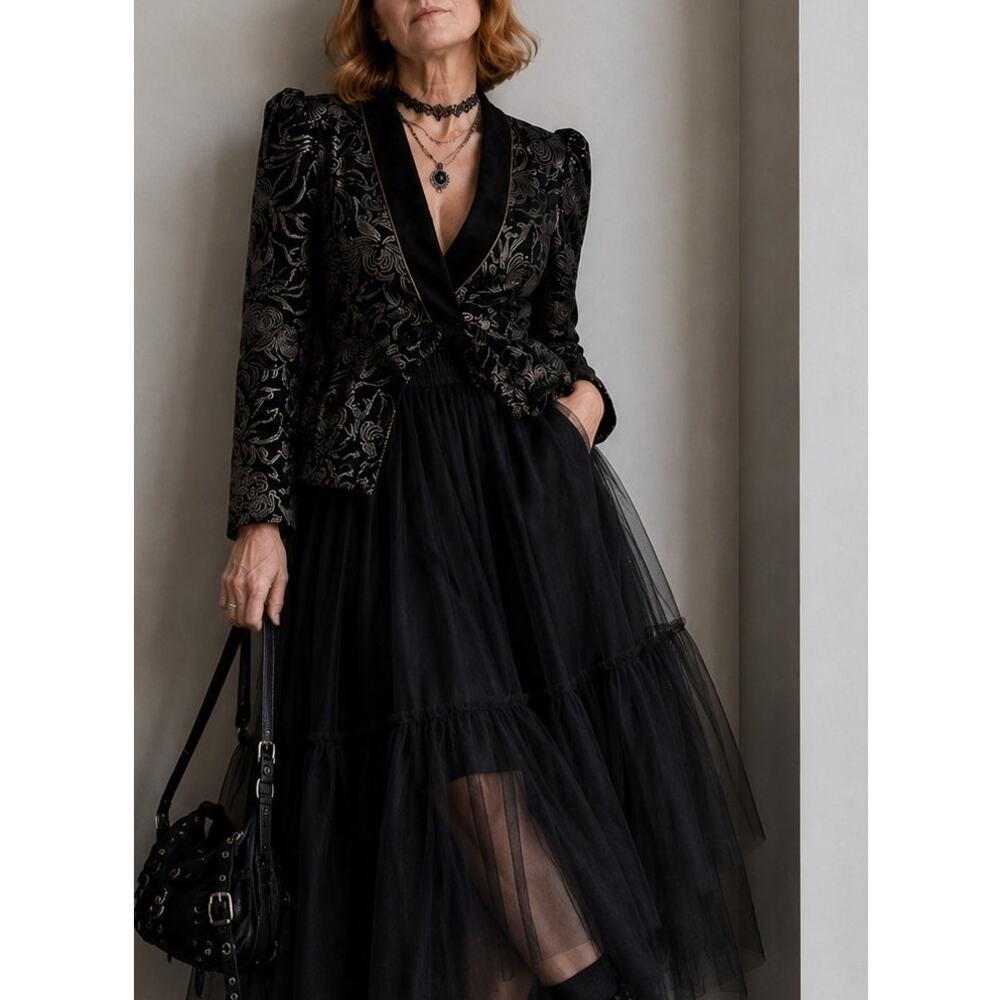 Vintage 80s Patra Velvet Brocade Evening Jacket/Blazer Peplum Black Gold SZ M/L